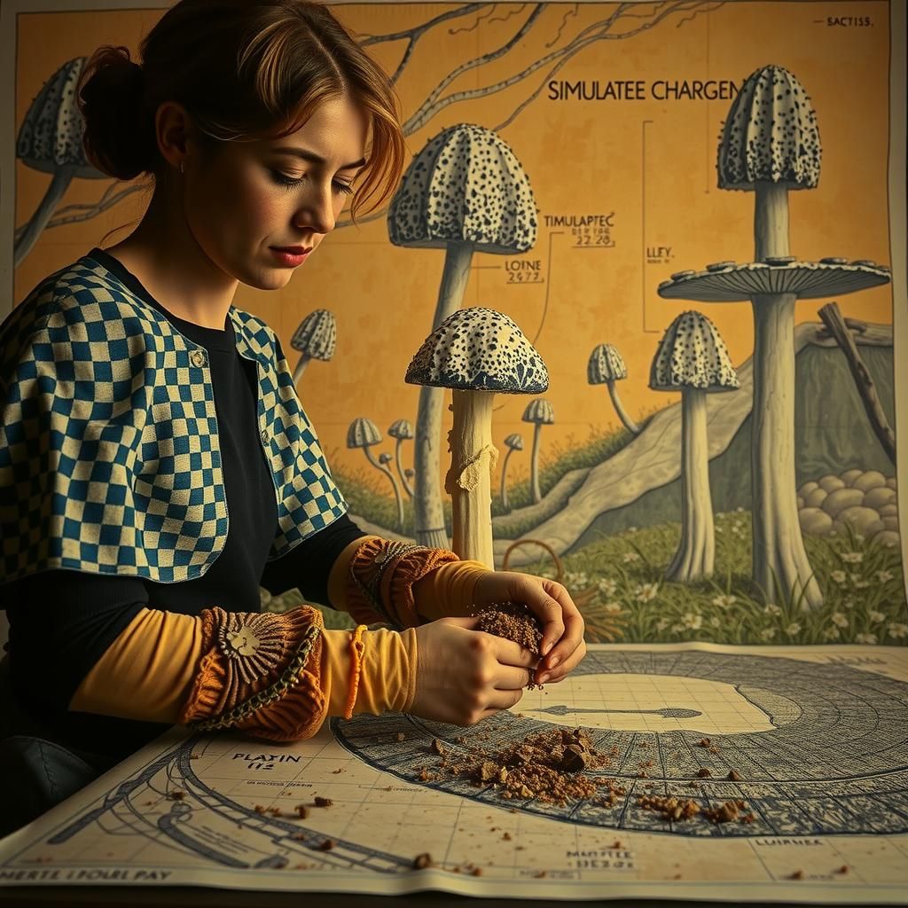 Linocut Mushroom Scene with Porcelain Figures