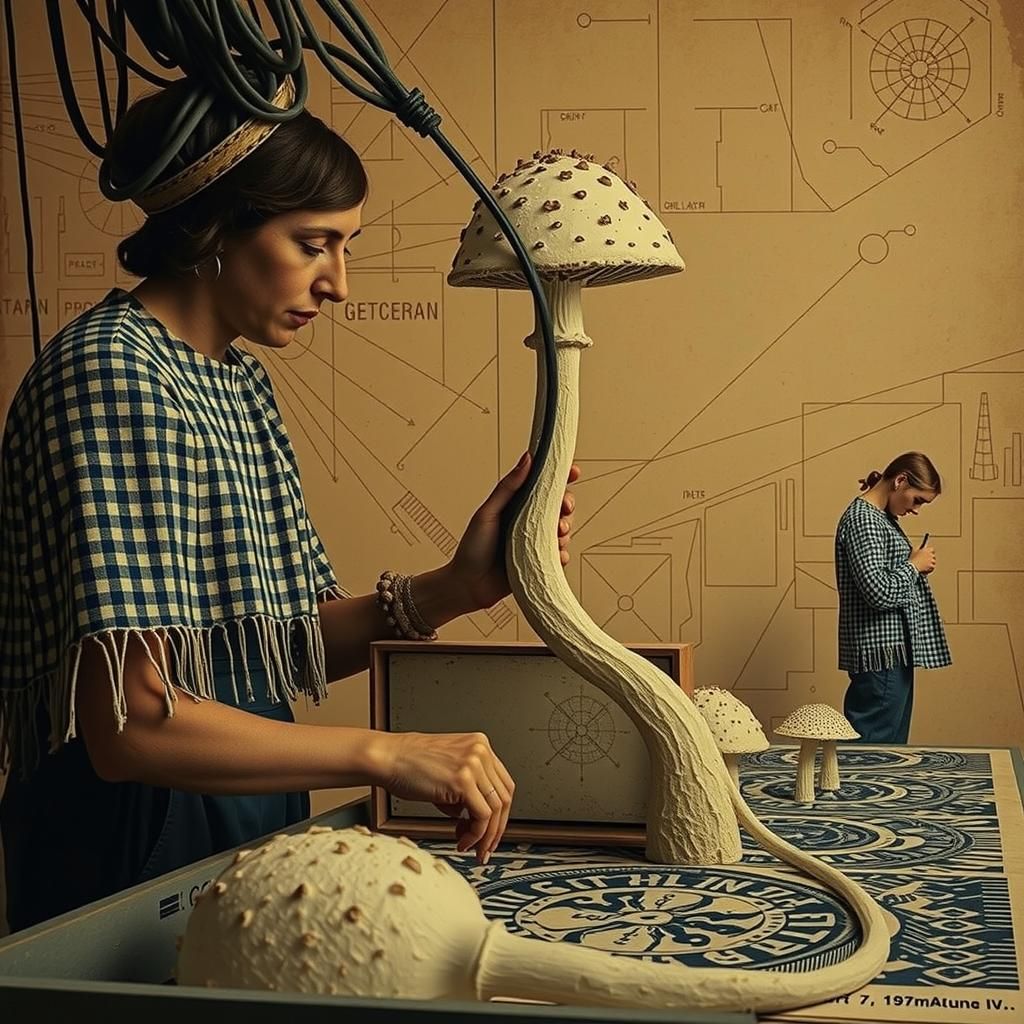 Blue and White Linocut Mushroom Harvesters