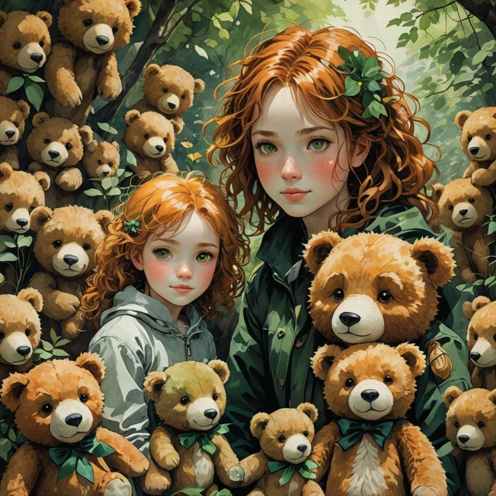 Woman with Teddy Bears in Watercolor Style