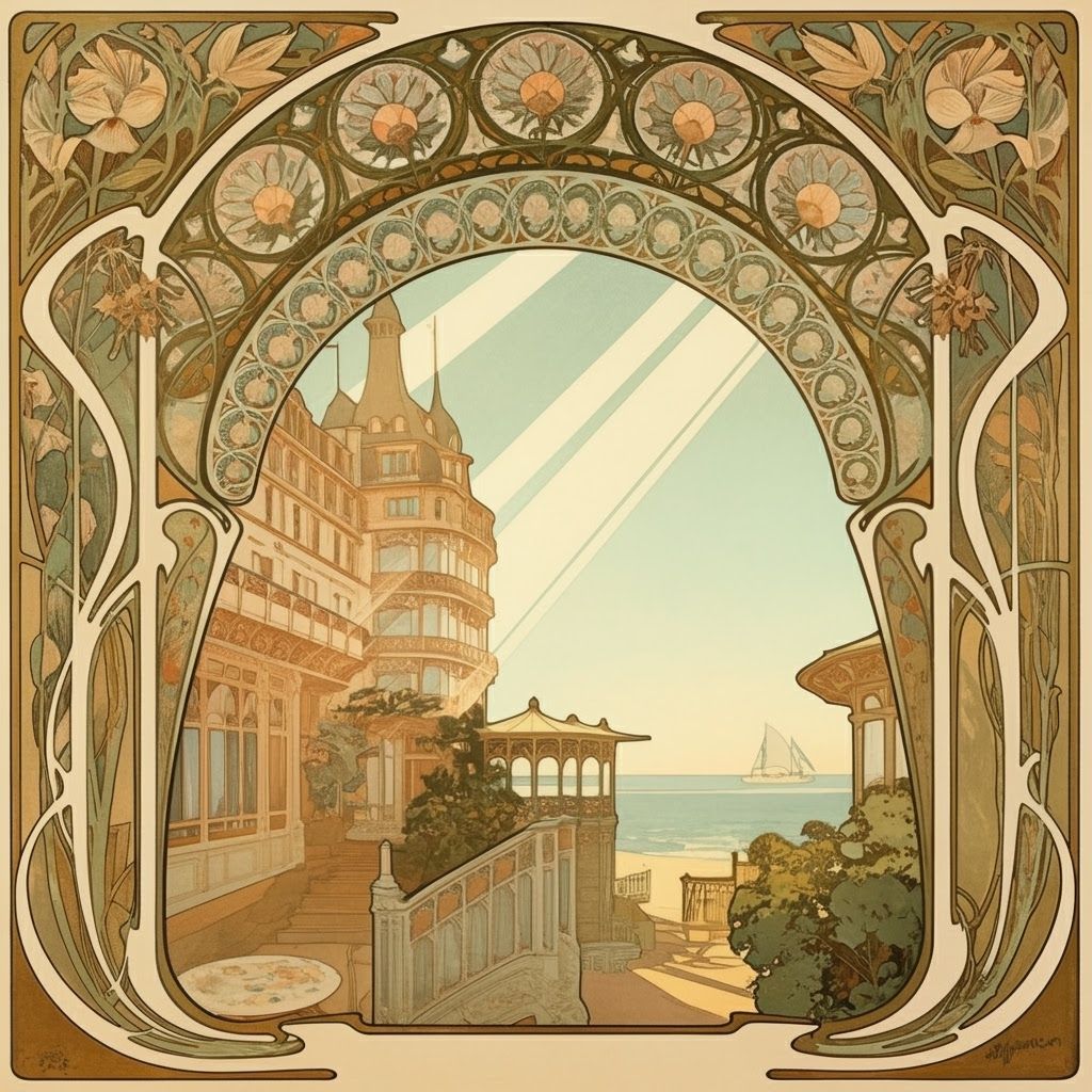 Art Nouveau Seaside Hotel in Decorative Frame
