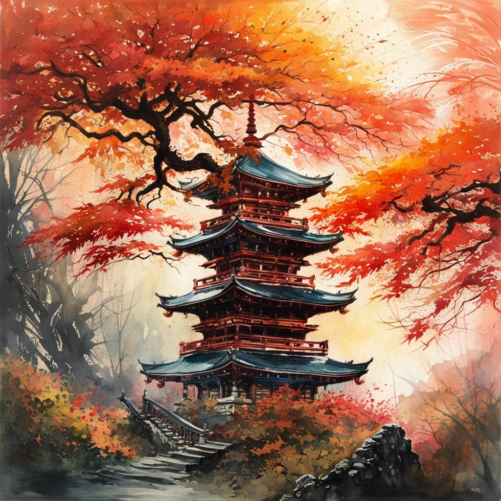 Japanese Maple Tree Sunrise: Detailed Matte Painting