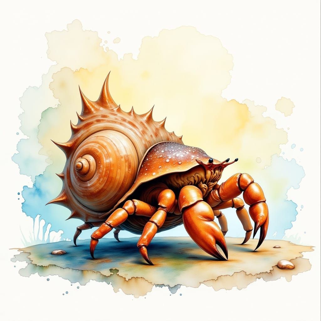 Adorable Hermit Crab in Digital Watercolor Illustration