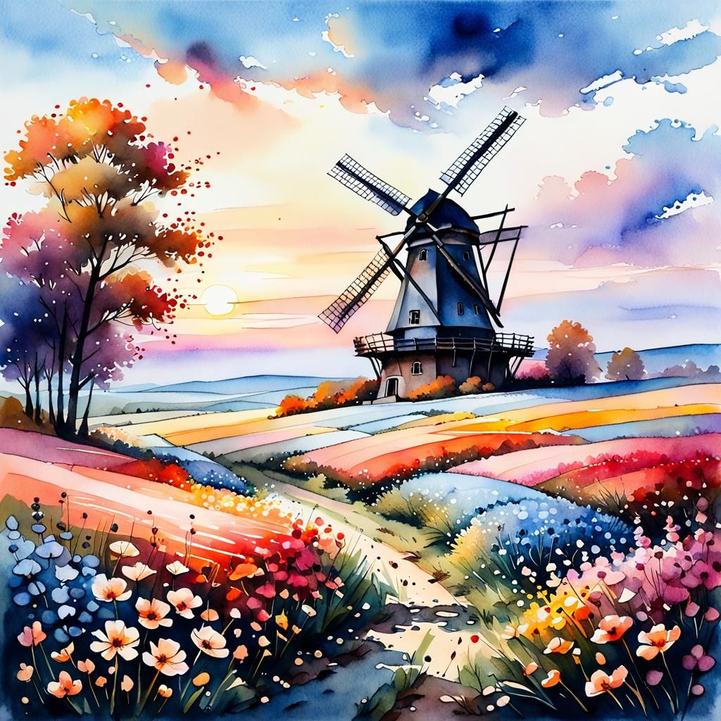 Windmill in Flower Field: Watercolor Nacre Painting