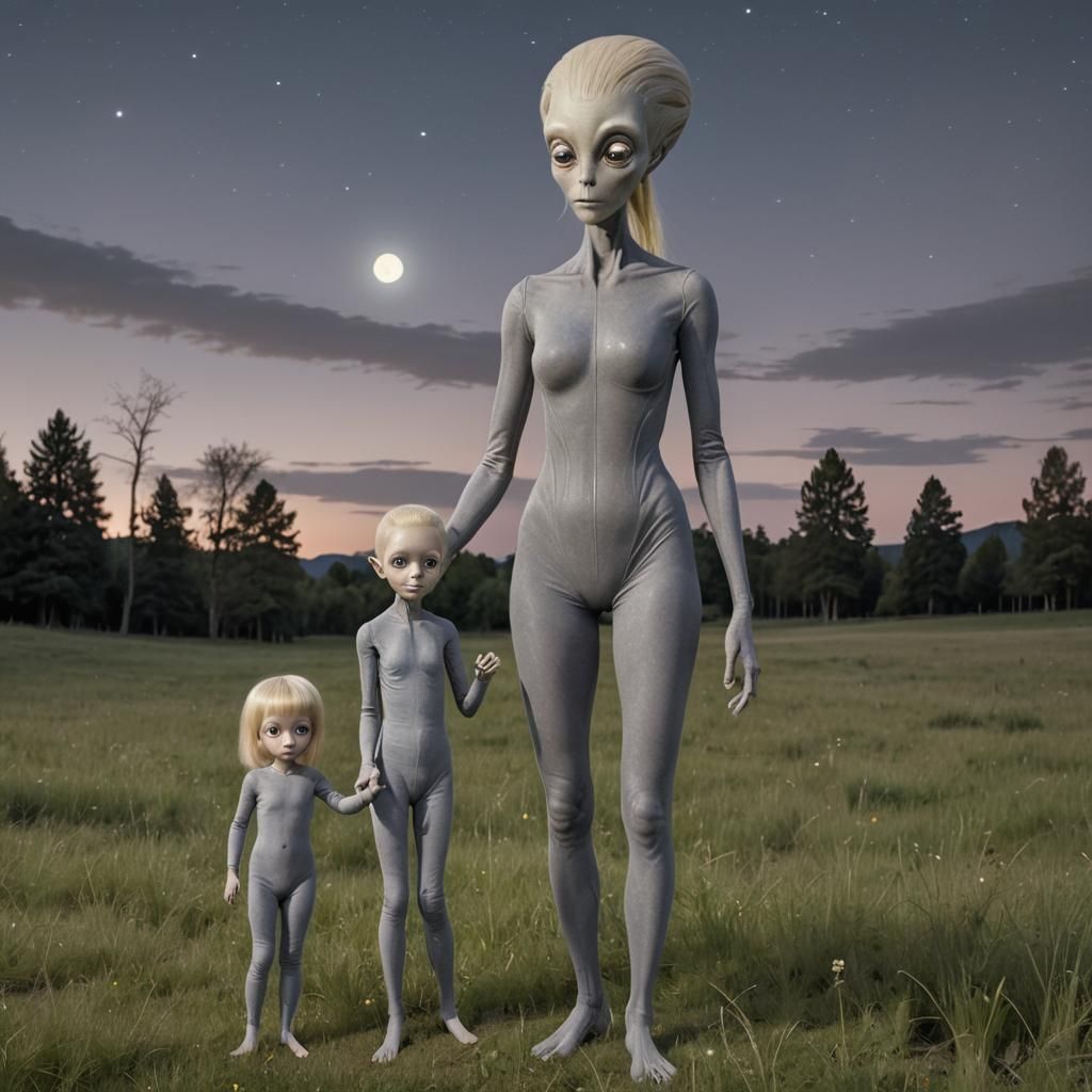 Woman and Alien Encounter in Meadow at Night