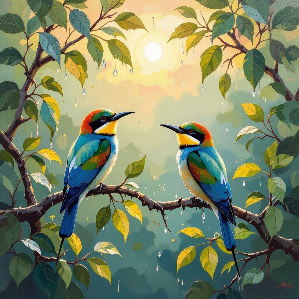 Vibrant Bee-Eaters Take Flight in Neo-Impressionist Style