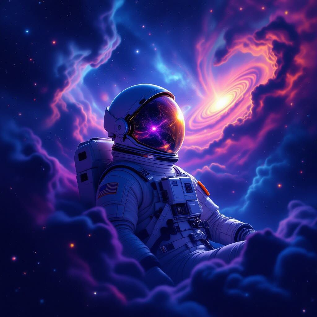 Astronaut Adrift in Cosmic Nebula Reflecting Galaxies