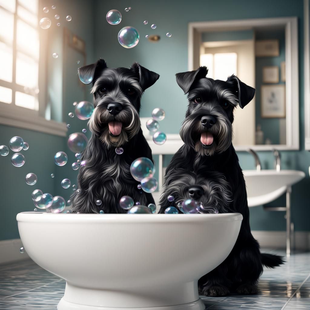 Miniature Schnauzers Play with Bubbles: Hyperrealistic Digit...