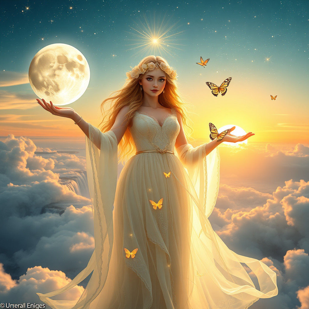Celestial Maiden Balances Sun and Moon in Digital Art