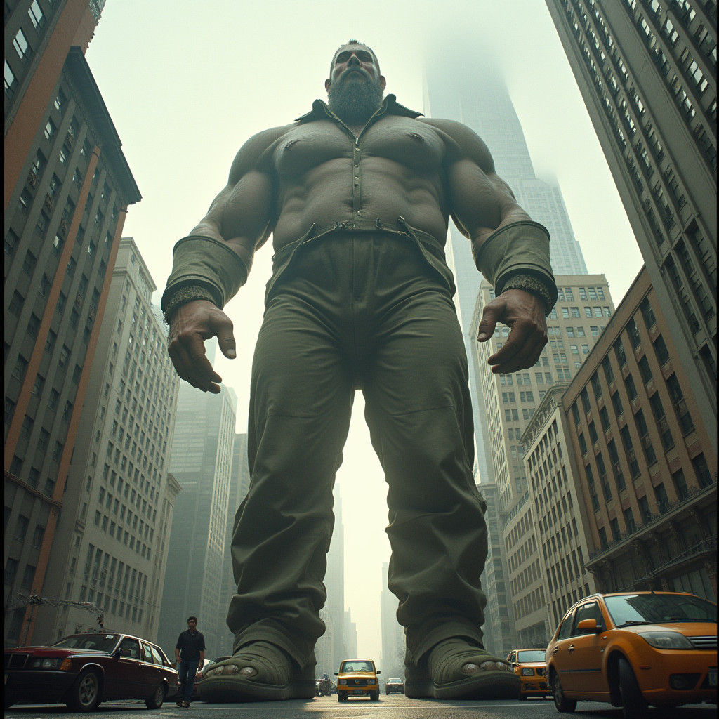 Giant Man Dominates Cityscape: Cinematic Film Still