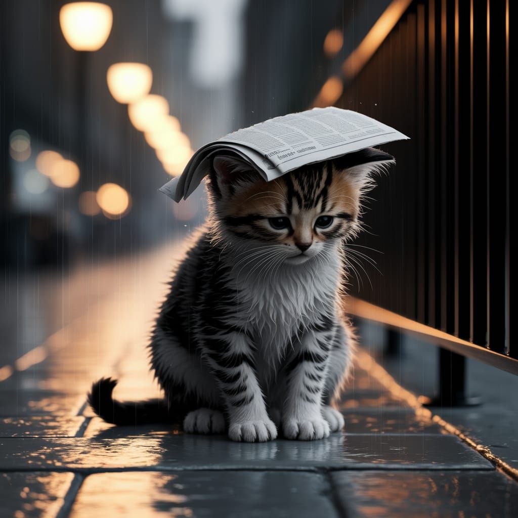 Sad Wet Kitten Seeks Shelter From Rain