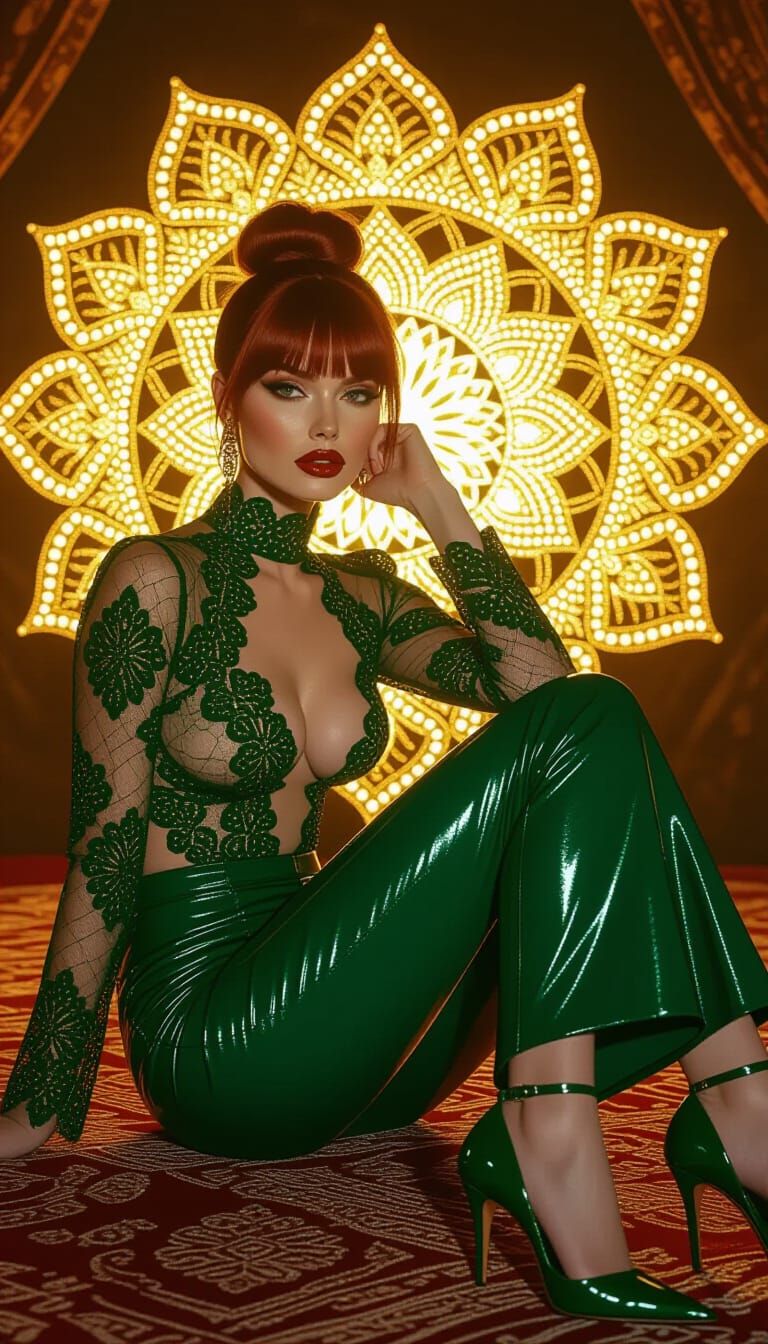 Elegant Woman in Green Leather with Golden Mandalas