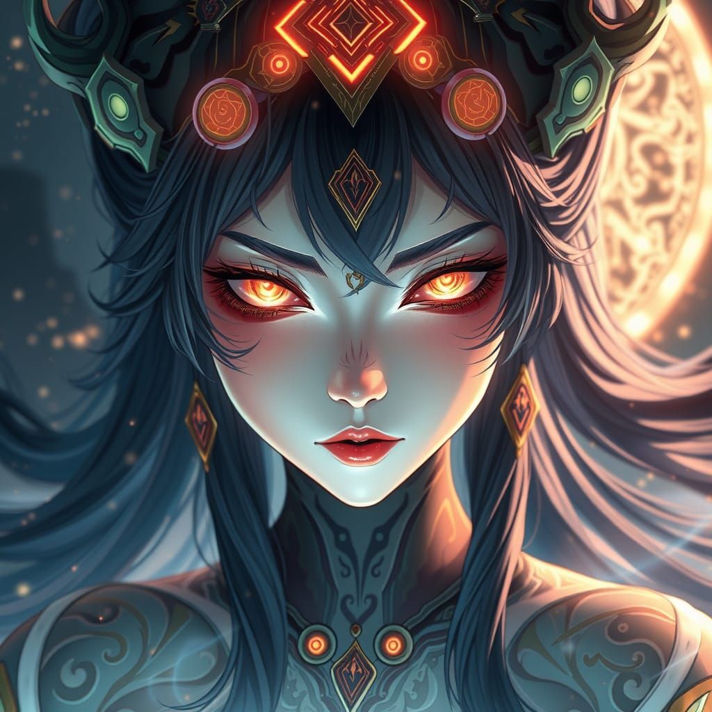 Anime Goddess With Glowing Eyes and Celestial Patterns