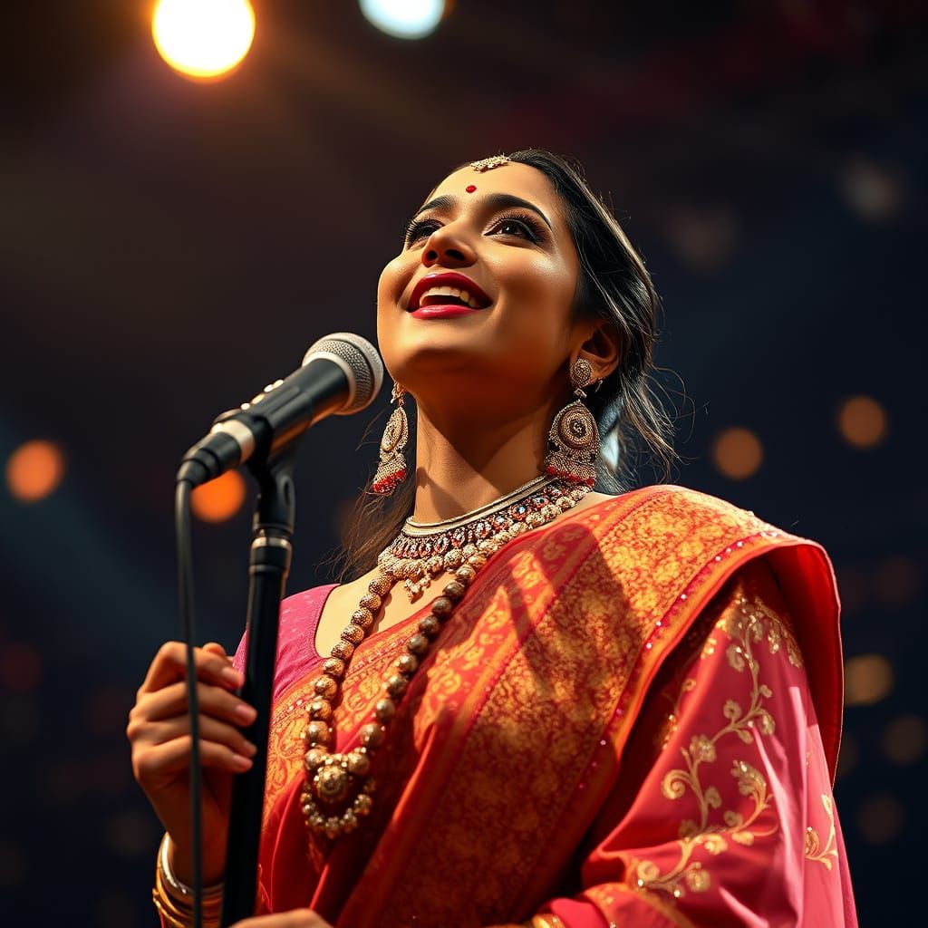 Indian Singer Performing on Stage in Cinematic Style
