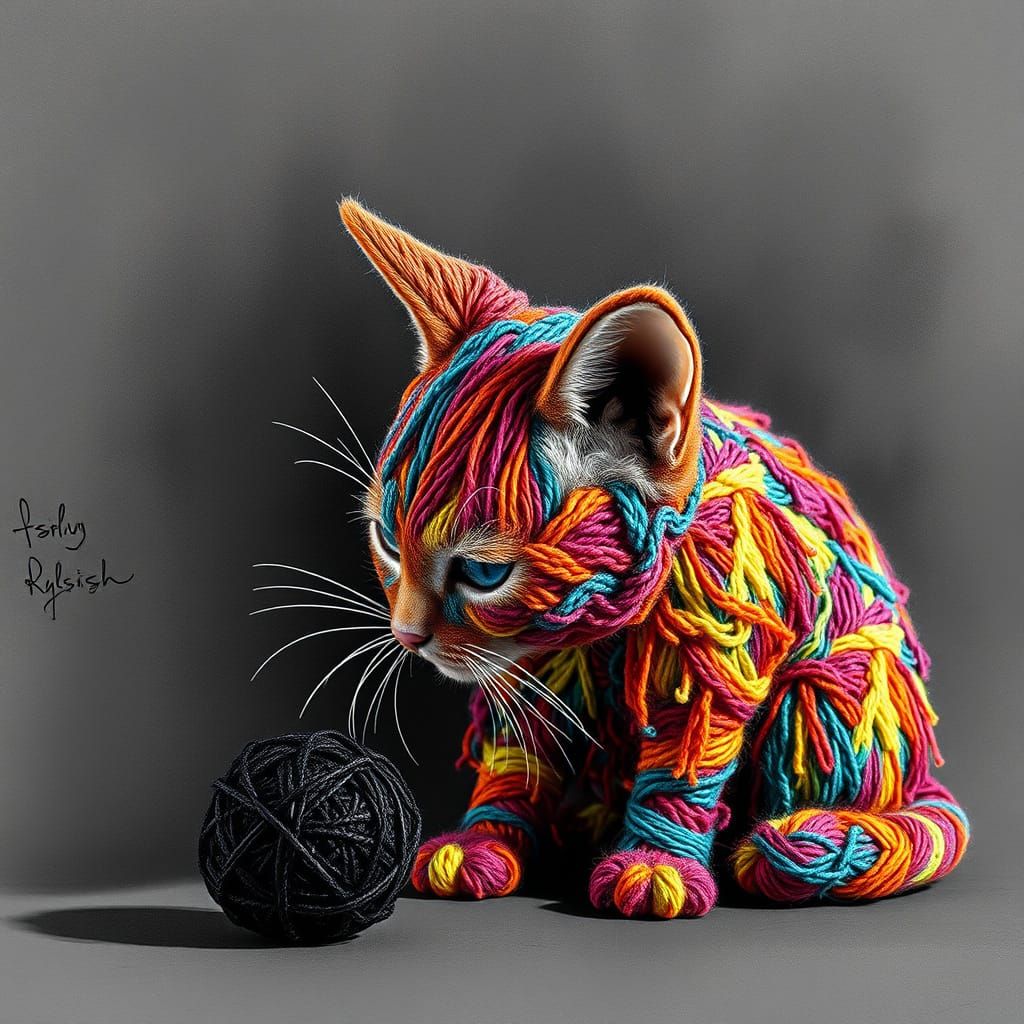 Hyperrealistic Yarn Cat in Charcoal Drawing Room