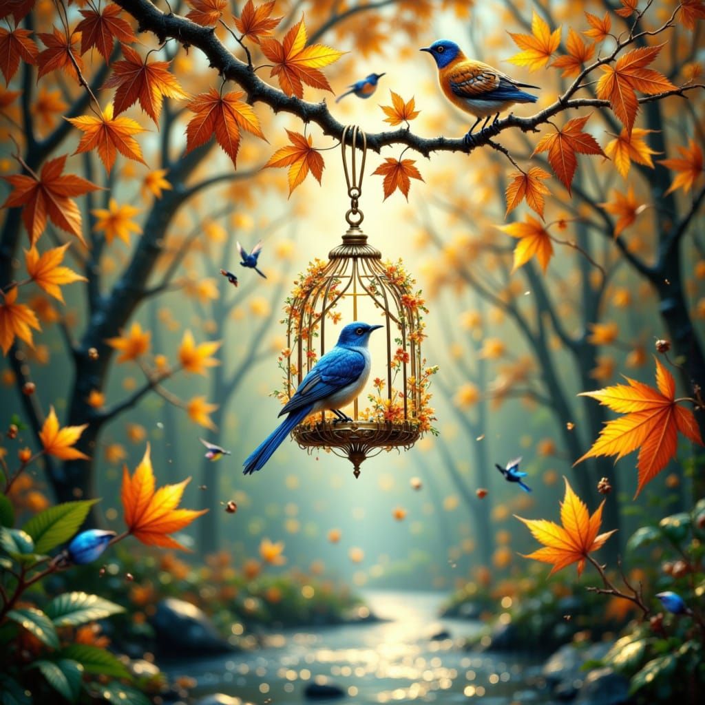 Golden Cage with Blue Bird on Autumn Maple Branch