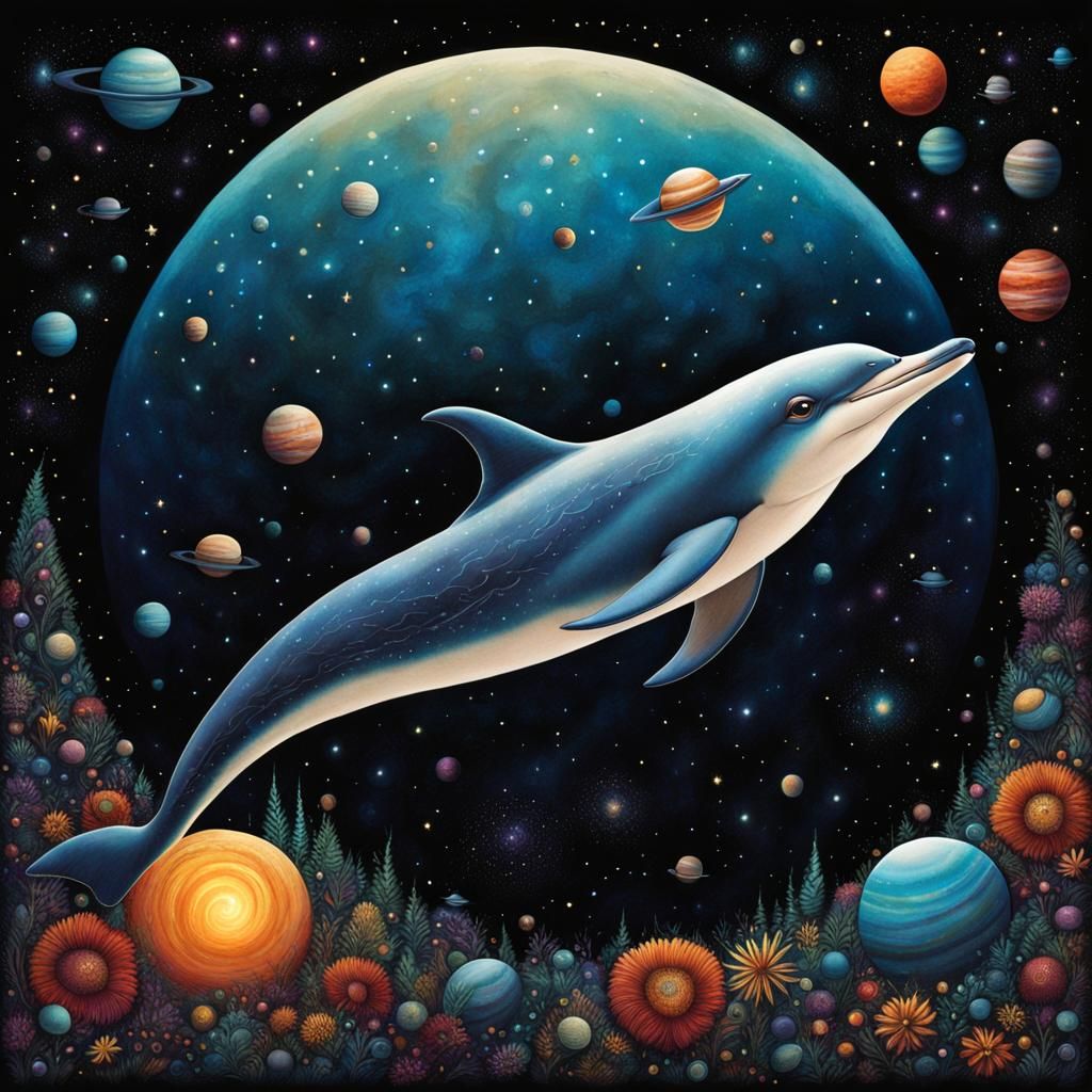 Dolphin's Cosmic Swim: Hyperdetailed Acrylic Painting