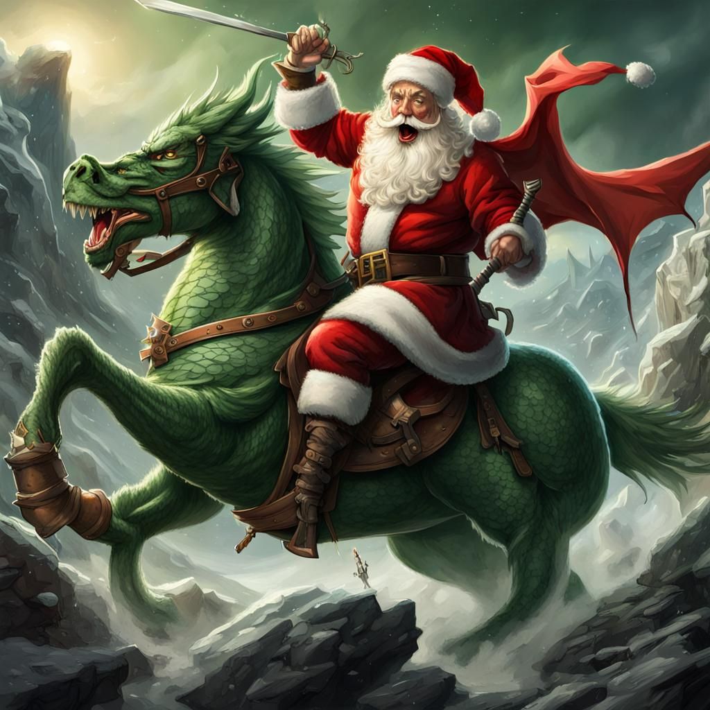 Santa Claus as Raged Knight Fighting Dragon