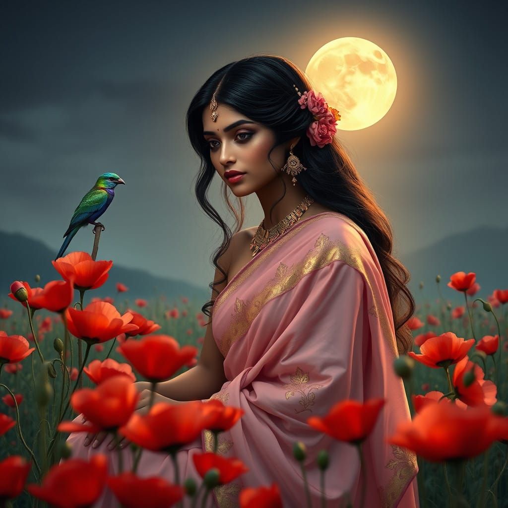 Enchanted Sari Maiden Amidst Blooming Poppies