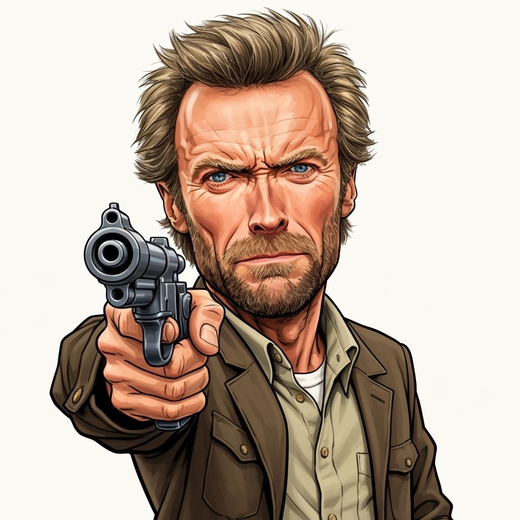 Dirty Harry Caricature of Clint Eastwood Aiming Magnum