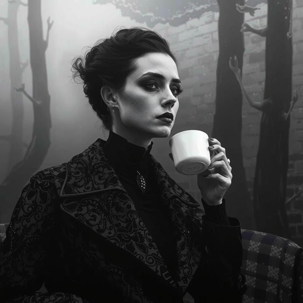 Goth Model in Moody Coffee Shop, Biomechanical Brick Wall