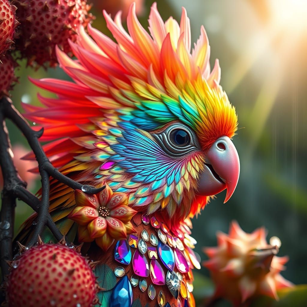 Iridescent Jeweled Bird with Rambutans
