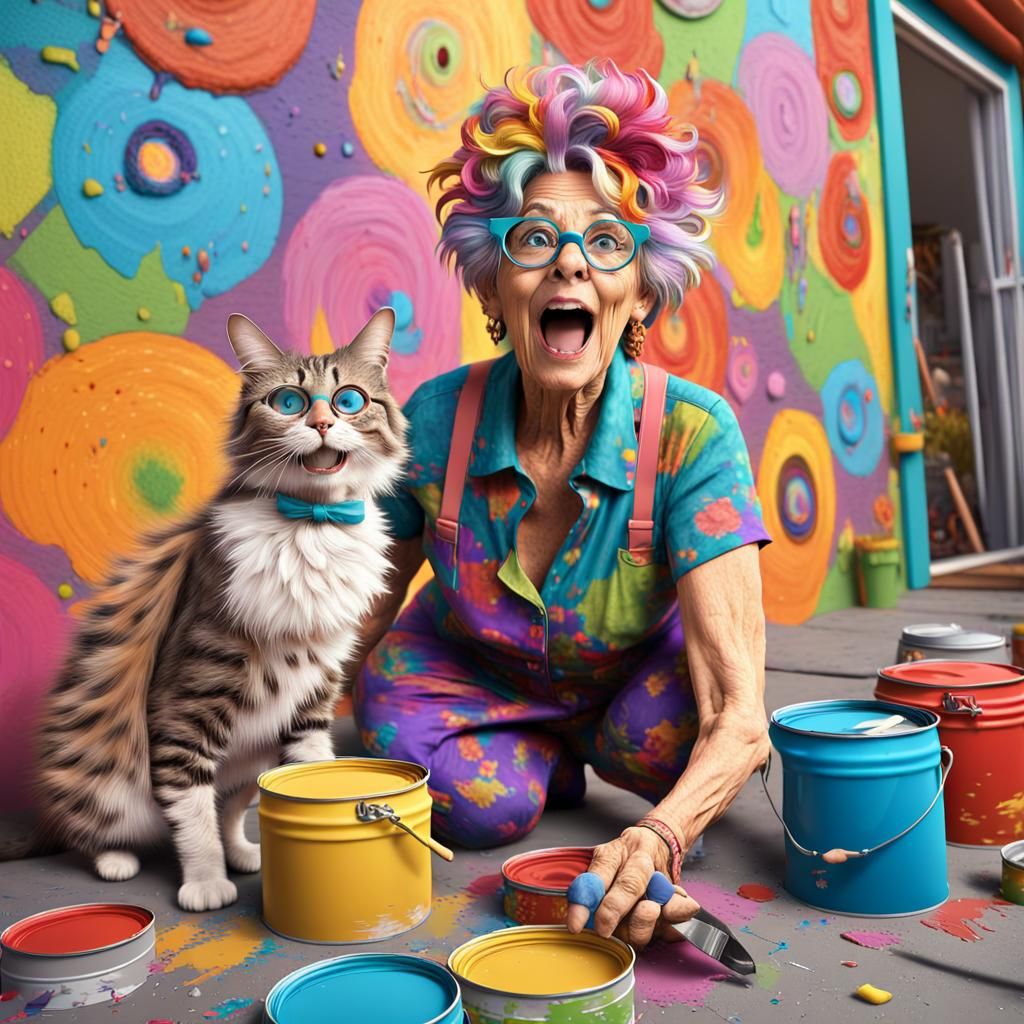 Eccentric Woman's Mural Mishap: 3D Whimsical Art