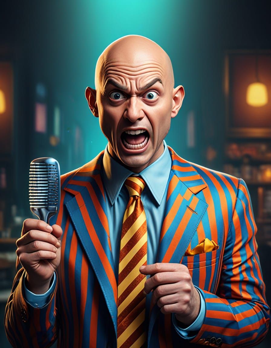 Bald Man Horrified by Comb in Realistic Anime Style