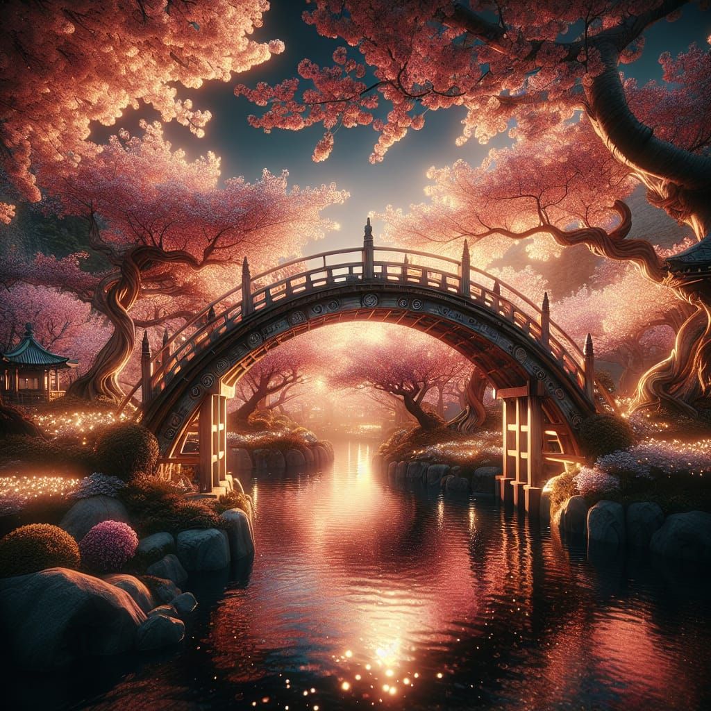 Japanese Footbridge Over Brook at Sunset
