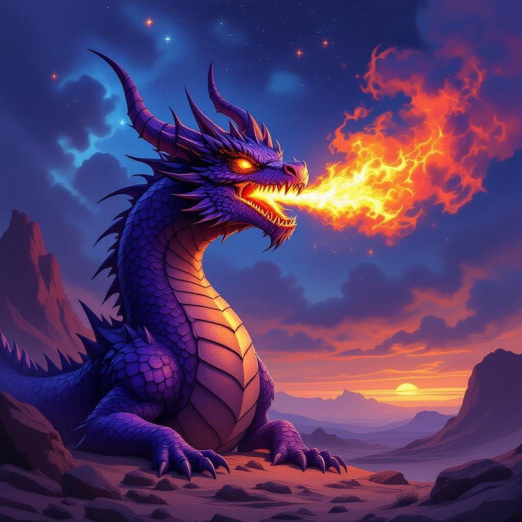 Epic Purple Dragon Breathes Fire Under Starry Sky