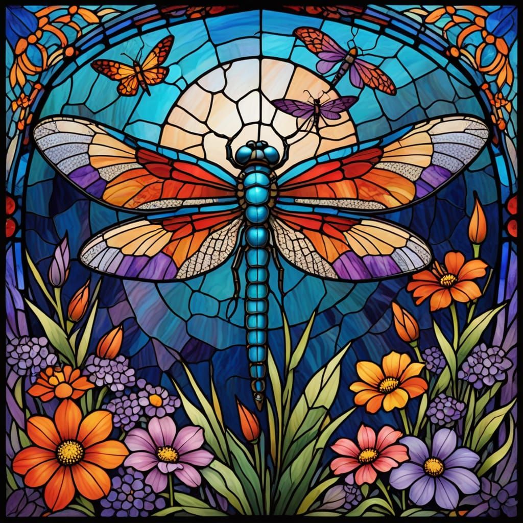 Vibrant Dragonfly Stained Glass in Flower Garden