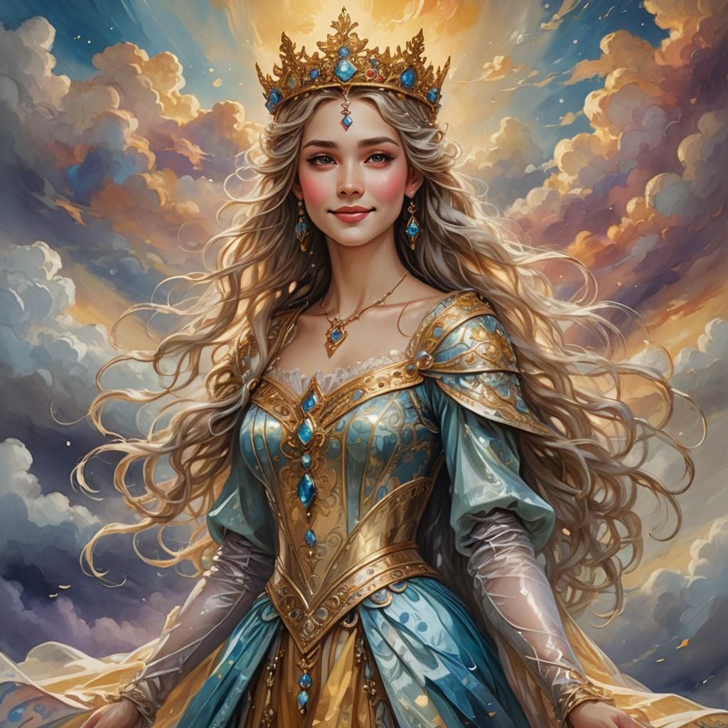 Smiling Cloud Princess in Rackham-esque Oil Painting