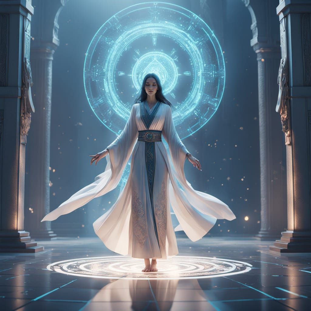 High-Tech Priestess in Minimalist Temple, Digital Art