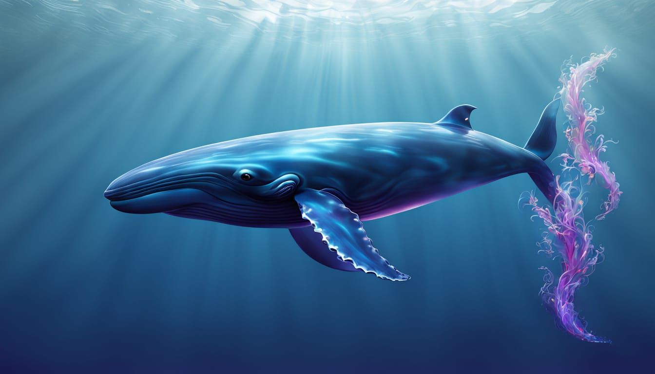 Glowing Glass Whale and Jellyfish in Abstract Ocean