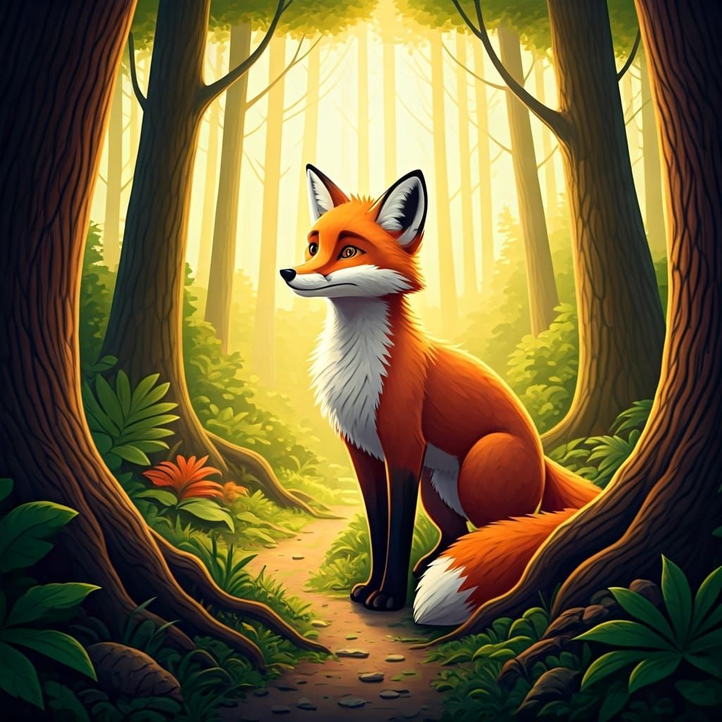 Fox in Forest: Whimsical Illustration