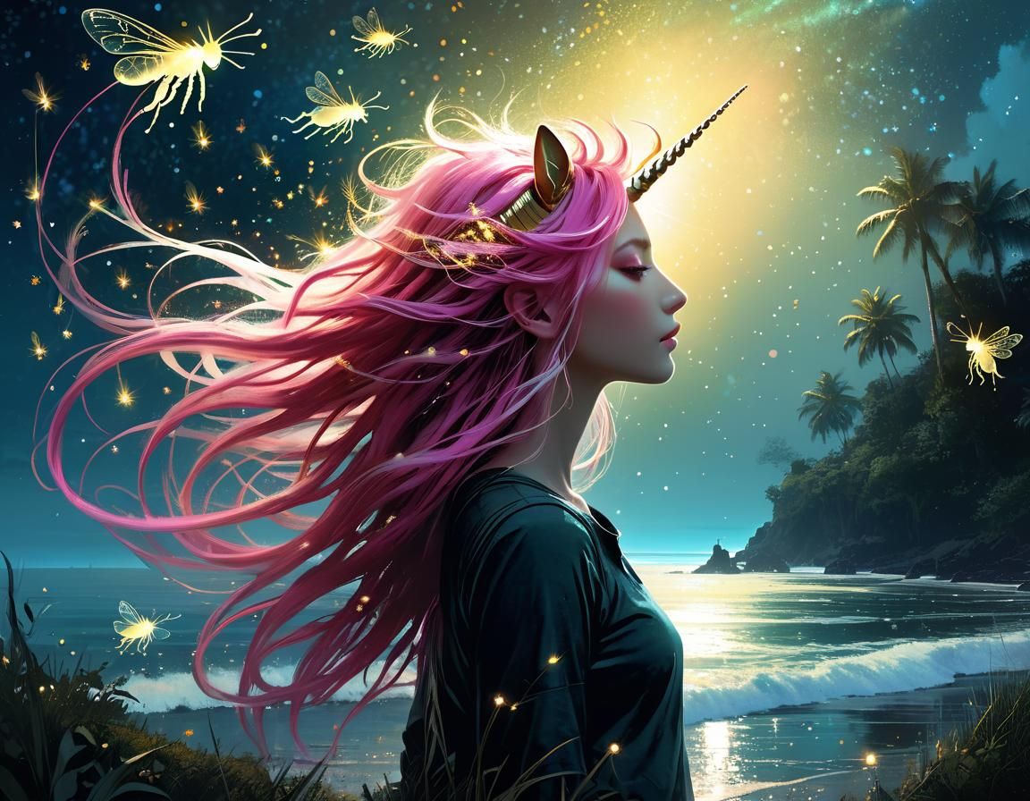 Airy Unicorn with Fireflies in Astral Style
