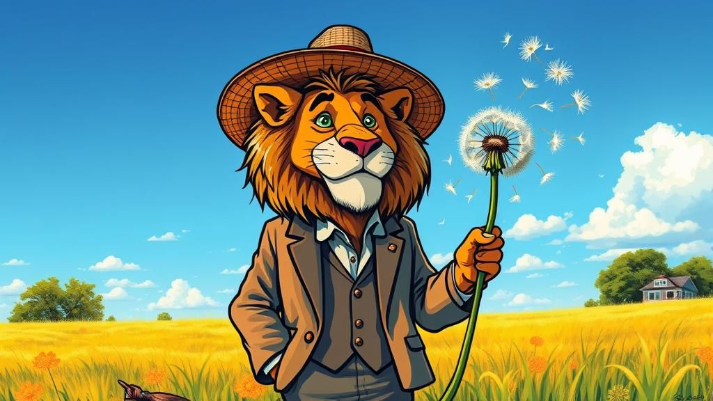 Cartoon Lion in Summer Suit with Dandelion, Graffiti Art