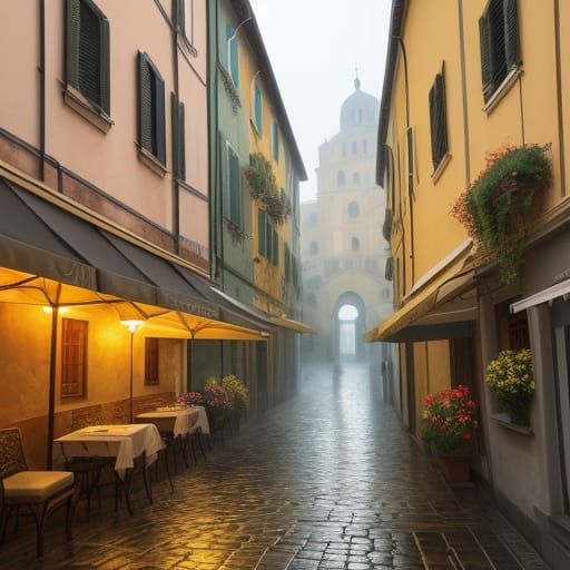 Rainy Day in Italian Town: Metaphysical Watercolor