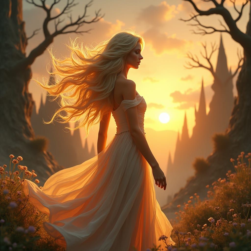 Ethereal Blonde Heroine in a Dreamlike Landscape