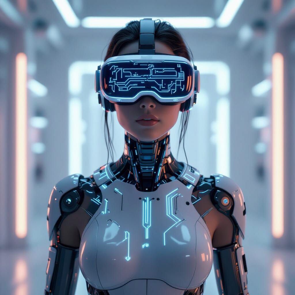 Futuristic Human with Neural Circuits and VR Glasses