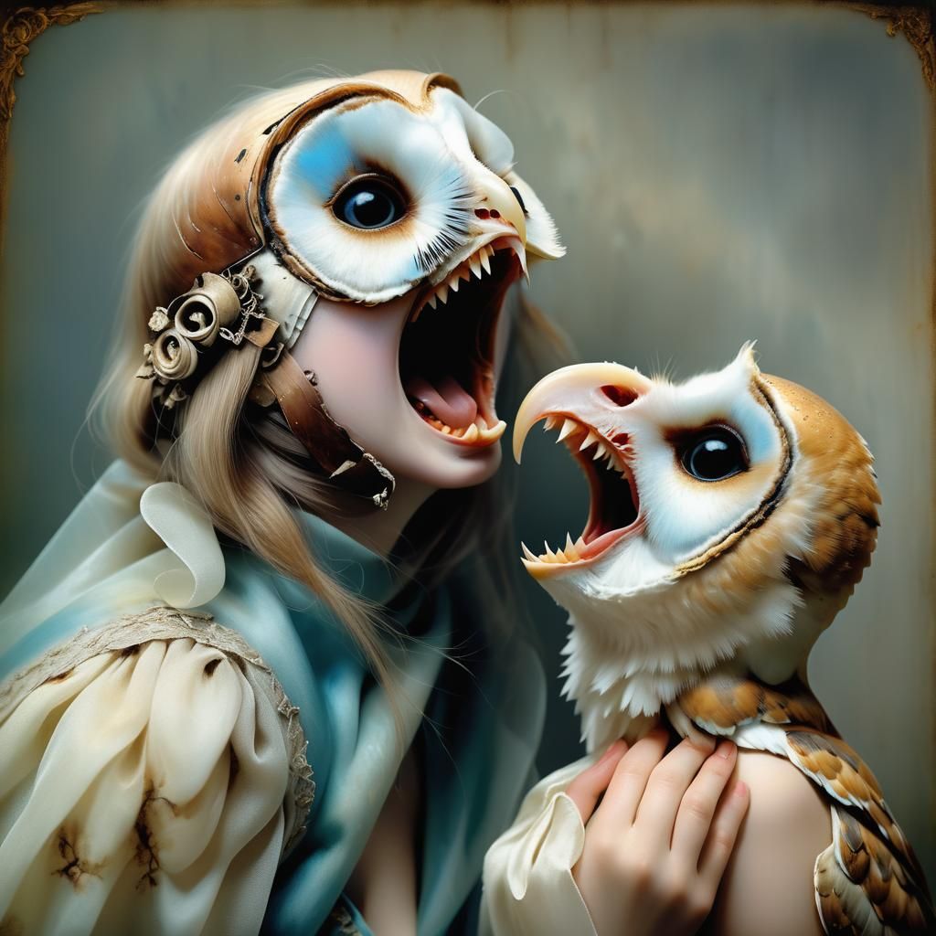 Vintage Photograph: Barn Owl in Woman's Mouth