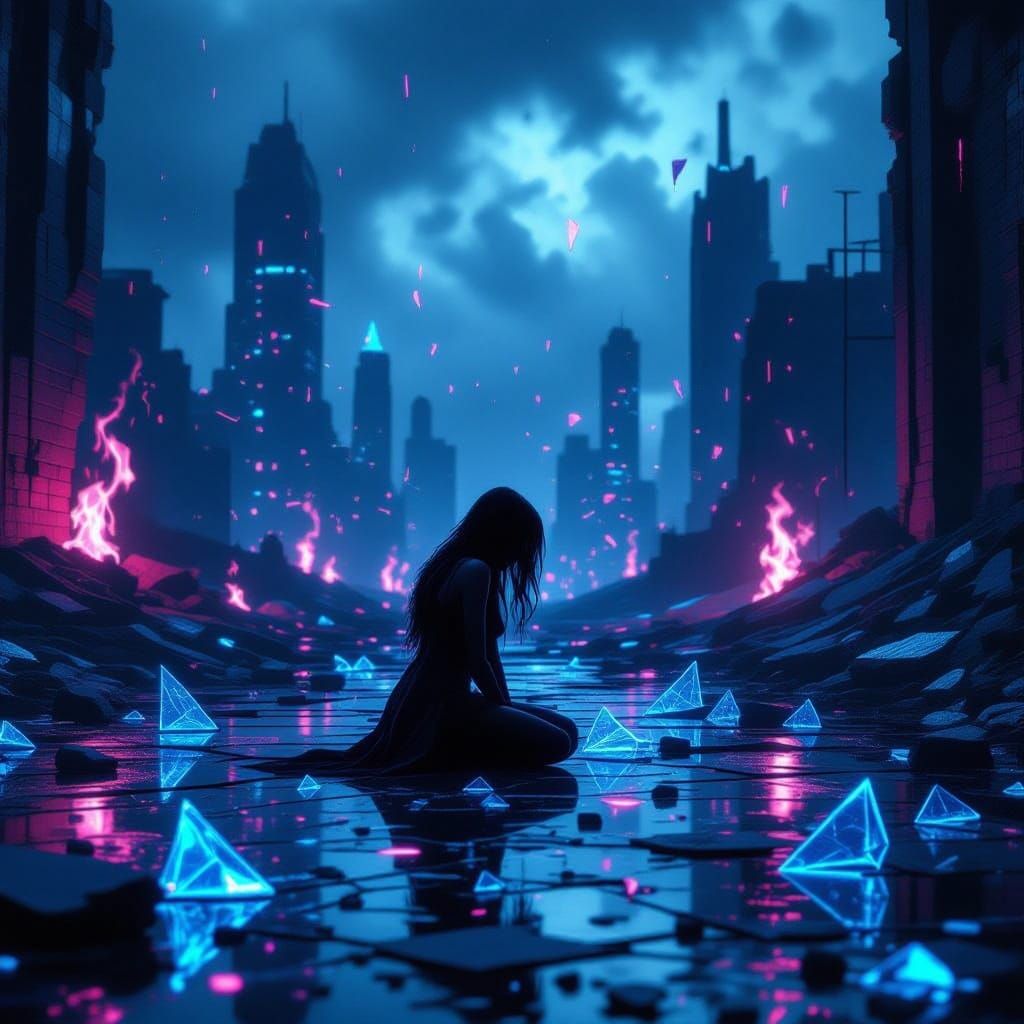 Cyberpunk Ruin: Shadowy Figure in Shattered Cityscape