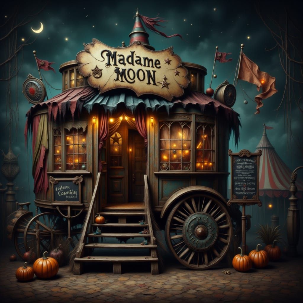 Mysterious Fortune Teller Wagon Under Misty Night Sky