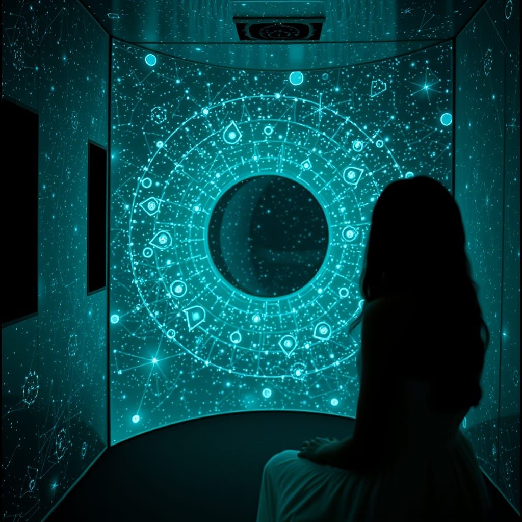 Surreal Starlit Room Filled with Celestial Wonders and Mirro...