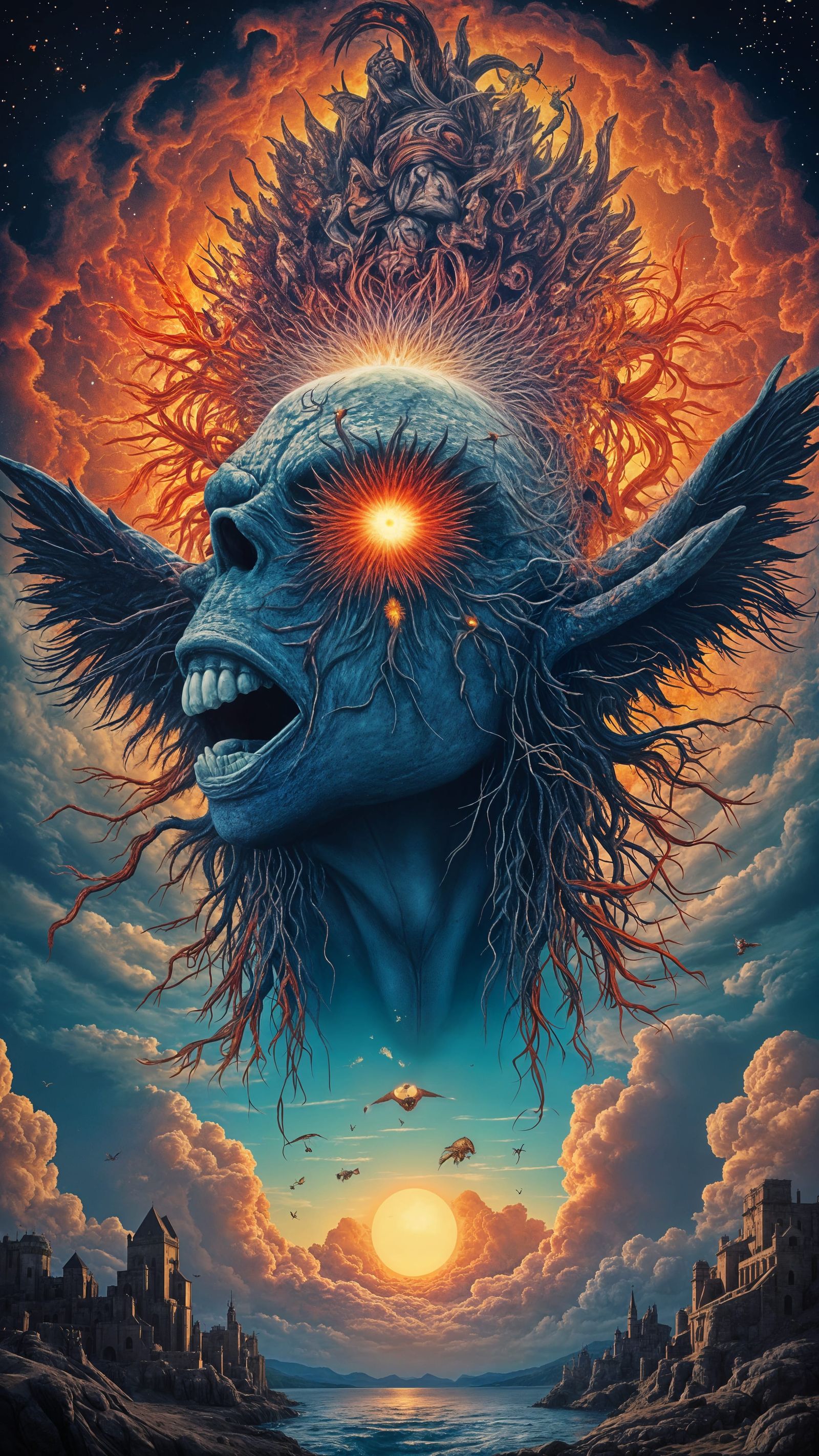 Man Mutation with Hyperrealistic Eyes in Fractal Dreamscape