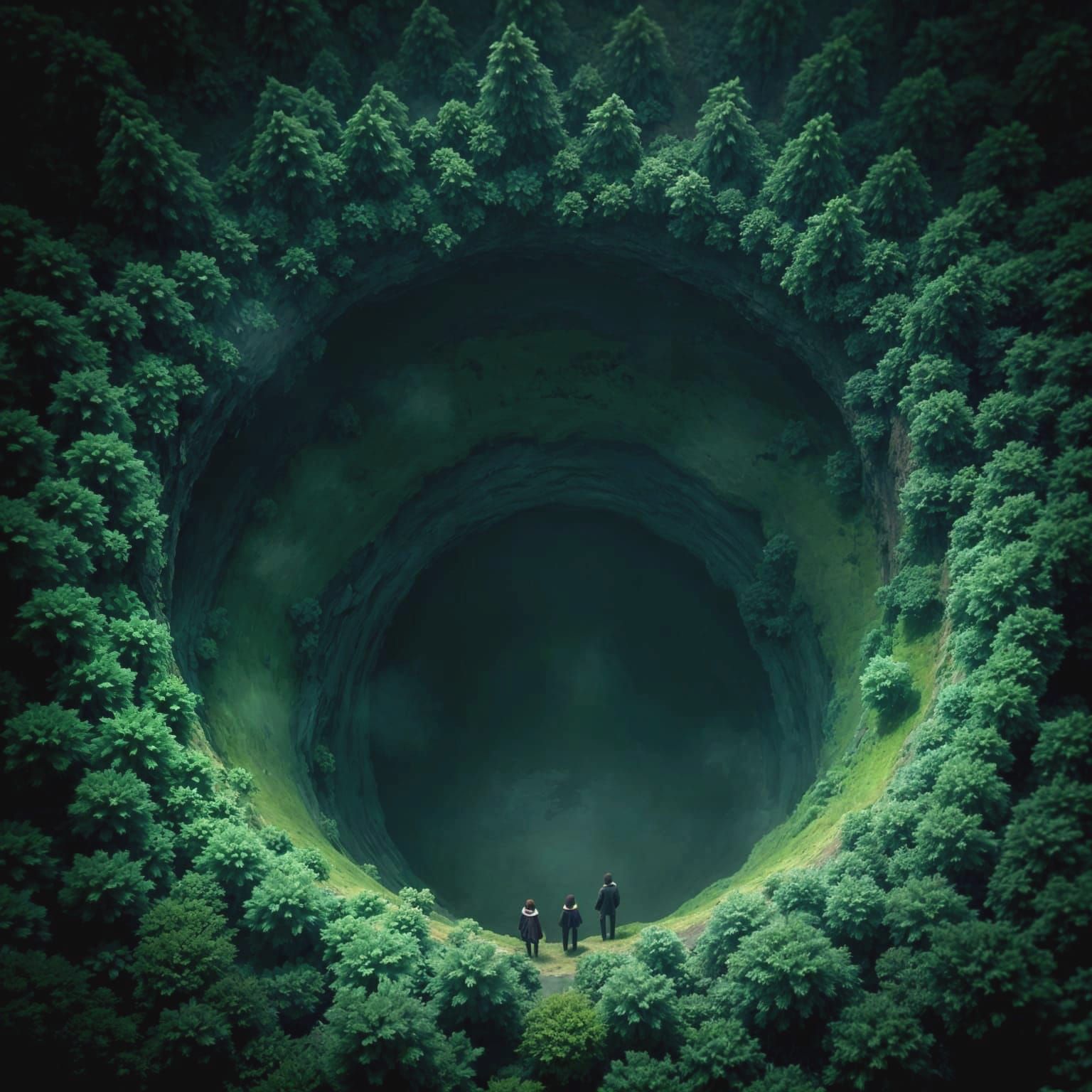 Deep Forest Crater with Rising Figures: Ghibli Anime