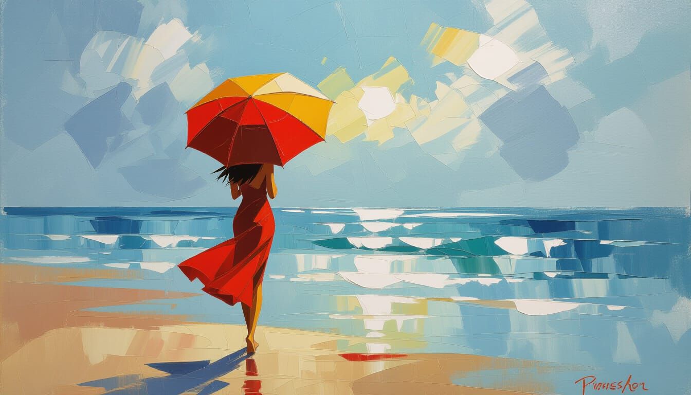 Woman on Beach with Umbrella, Abstract Impressionist Oil Pai...