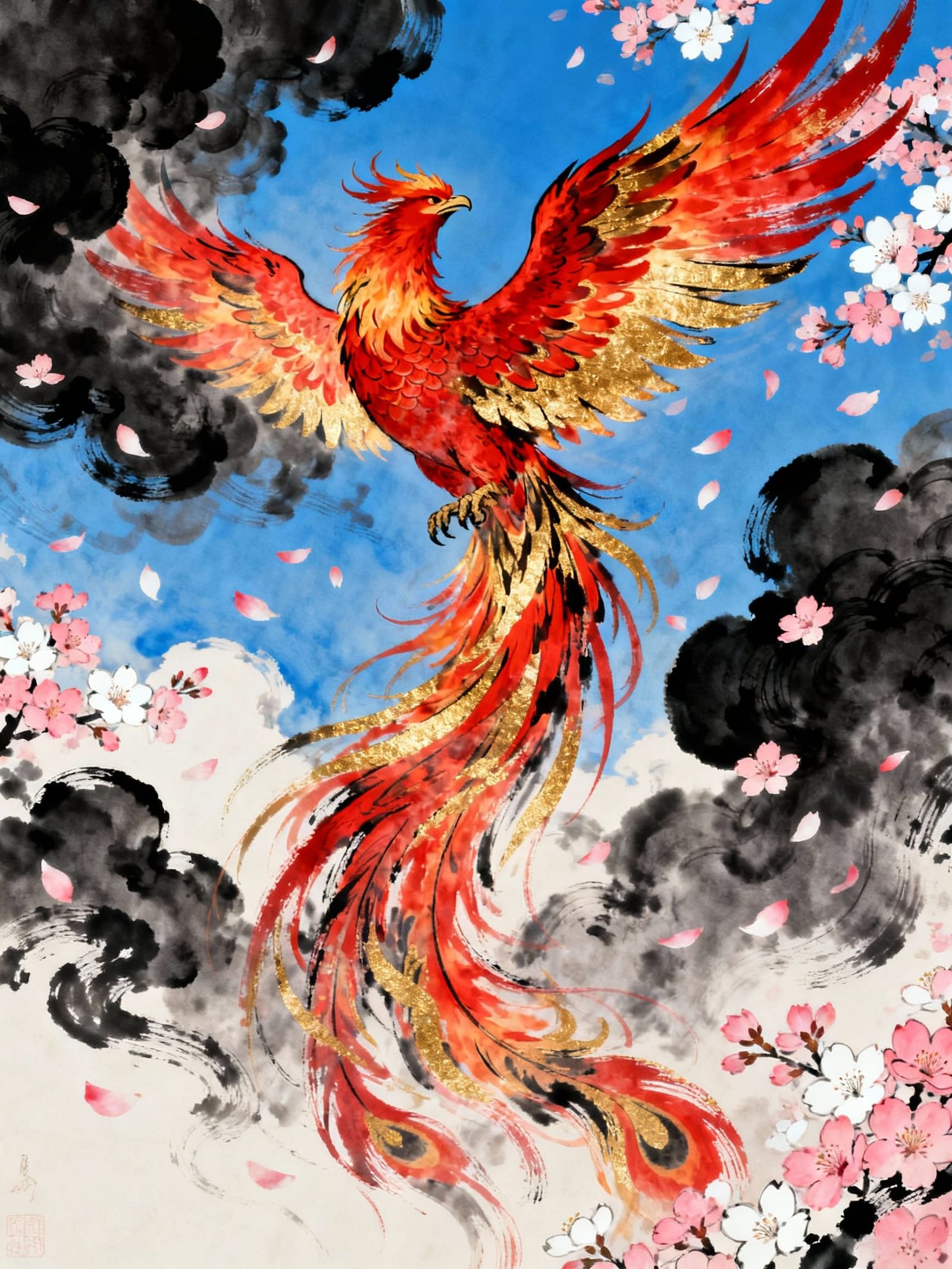 Vibrant Fire Phoenix Tattoo Design in Sumi-E Style