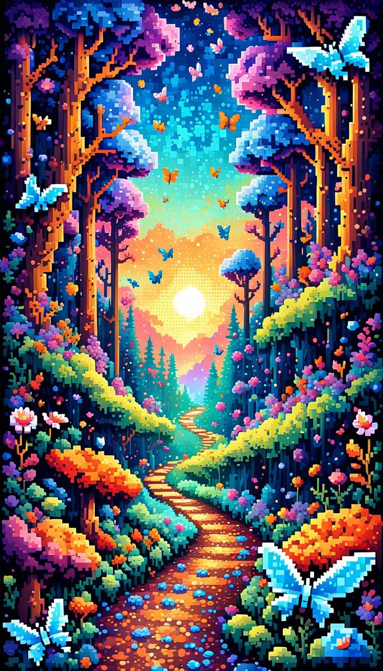 Magical Forest Sunset in Vibrant Pixel Art Style