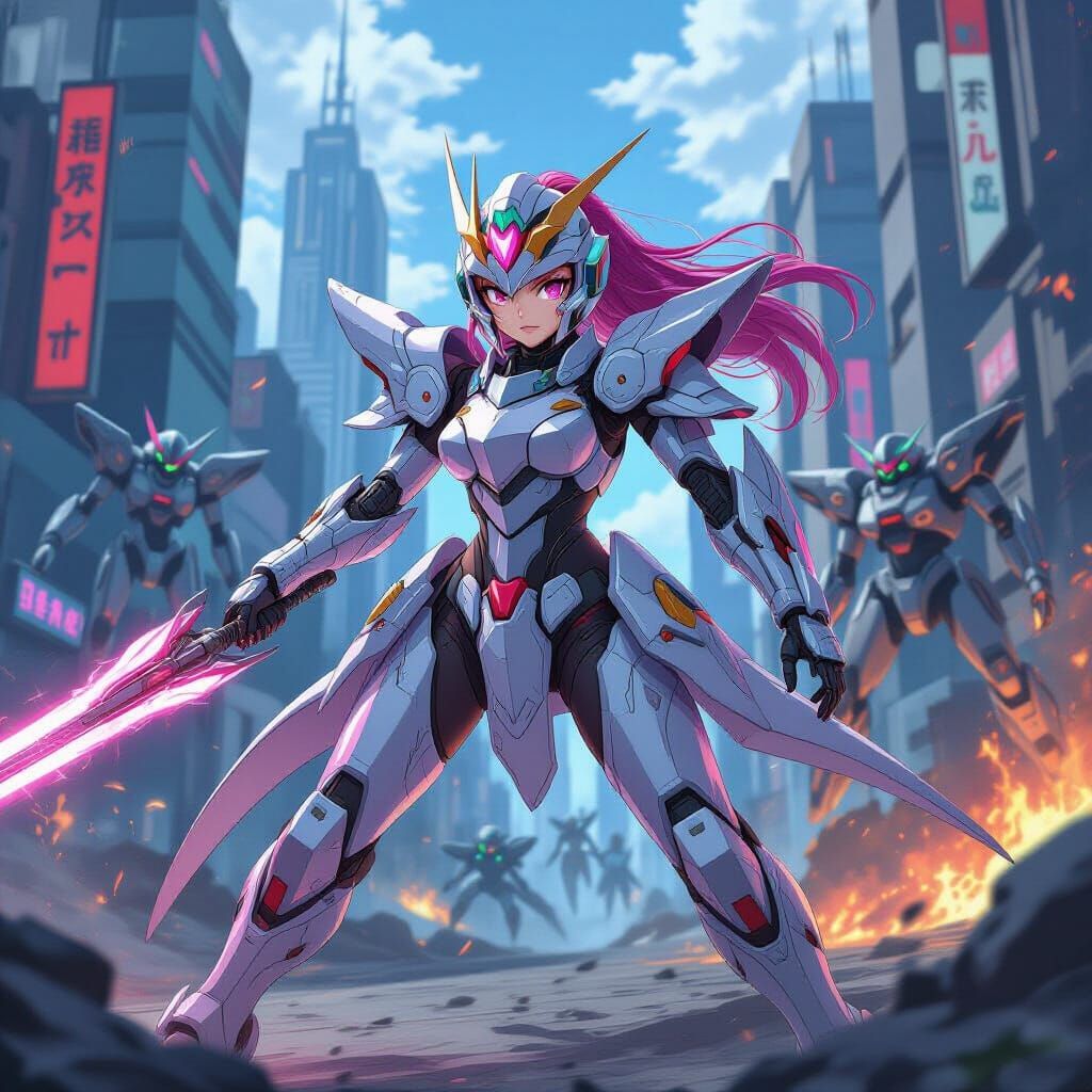 Mecha Knight Girl Battles Robots in Anime Style