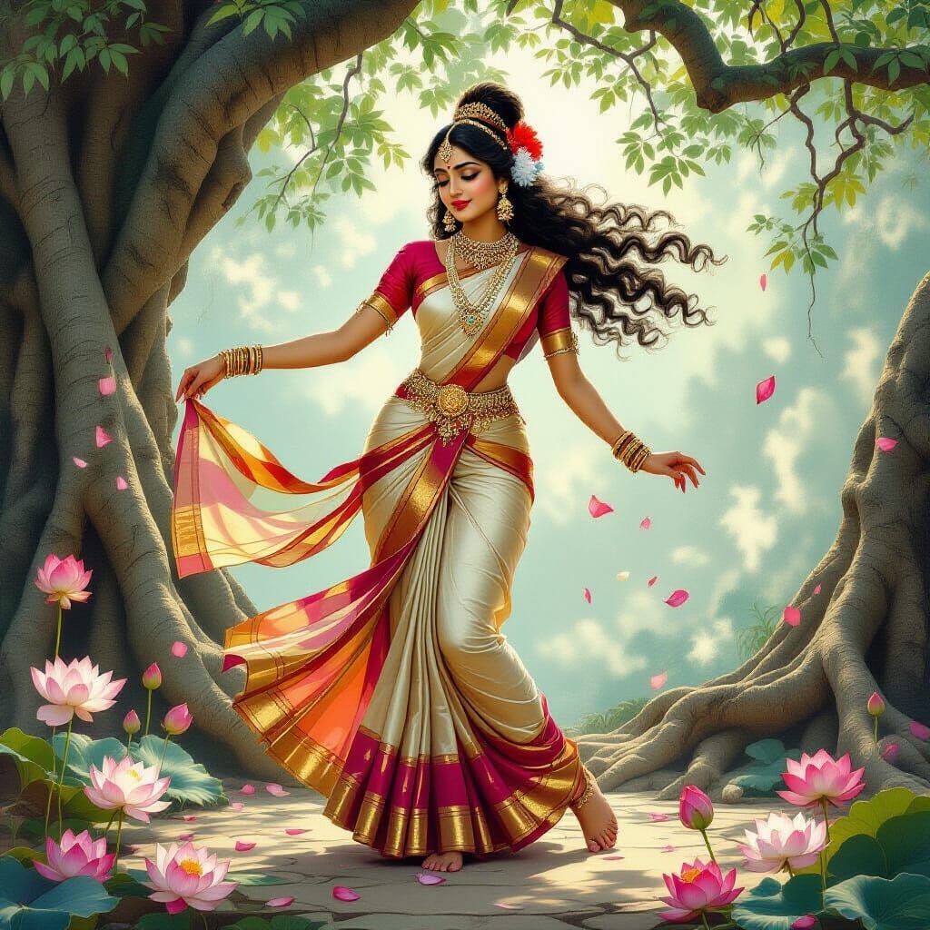 Apsara Dancing Among Banyan Trees in Art Nouveau Style